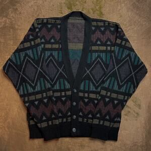 Vintage 90s Abstract Geometric Cardigan Sweater Argyle Multicolor V Neck Retro